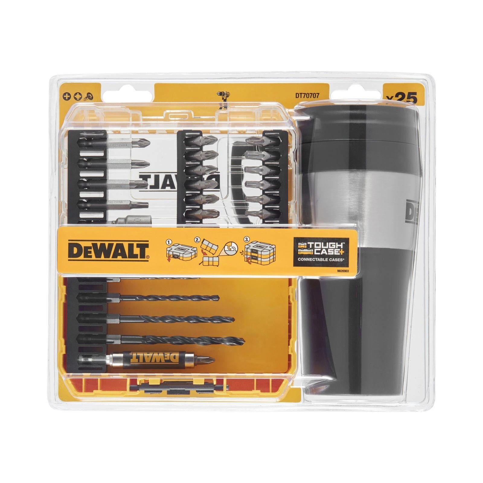 Dewalt grąžtų, sukimo antgalių ir terminio puodelio rinkinys DT70707, 26 vnt.