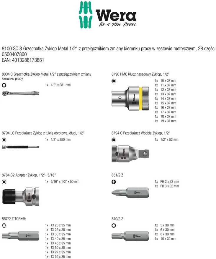 Galvučių ir antgalių rinkinys + Wera Zyklop Metal terkšlė 1/2'' 28 dalių