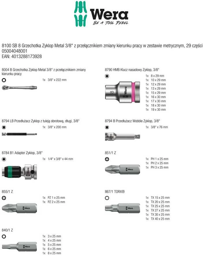 „Wera 8100 SB 8 Zyklop“ reketo jungiklio svirtis, 3/8 pavaros metrika