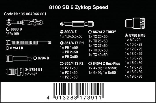 Wera 8100 SB 6 Zyklop greičio reketų rinkinys 3/8 pavaros metrika