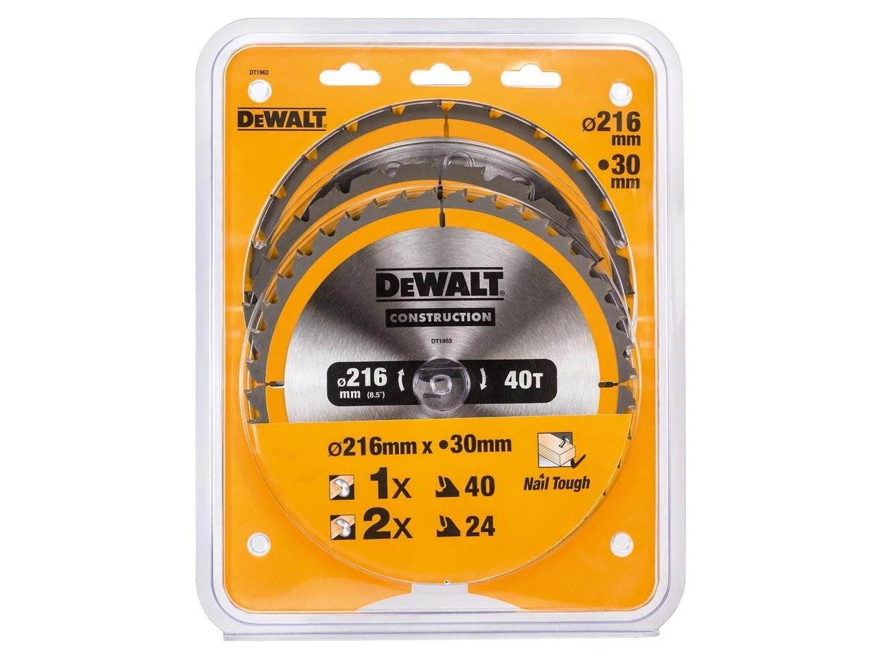 Pjovimo diskas medienai DeWalt DT1962; 216 mm; 2x24T; 1x40T; 3 vnt.