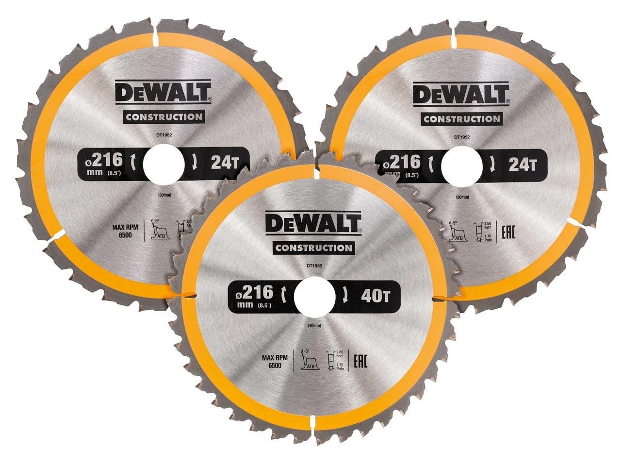 Pjovimo diskas medienai DeWalt DT1962; 216 mm; 2x24T; 1x40T; 3 vnt.