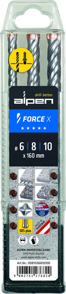 Grąžtas Wiertło Alpen SDS+ FORCE X Box 3 vnt. 6- 8-10x160