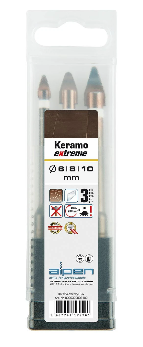ALPEN Keramo Extreme  keraminių plytelių ir stiklo grąžtų rinkinys 3 vnt. [0000300003100] 6/8/10 mm