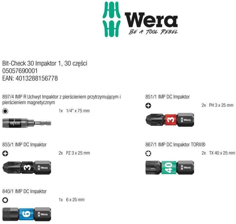 Smūginių antgalių rinkinys Wera Bit-Check 30 Impaktor, 30 vnt, PH+PZ+TORX+HEX