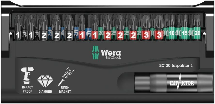 Smūginių antgalių rinkinys Wera Bit-Check 30 Impaktor, 30 vnt, PH+PZ+TORX+HEX