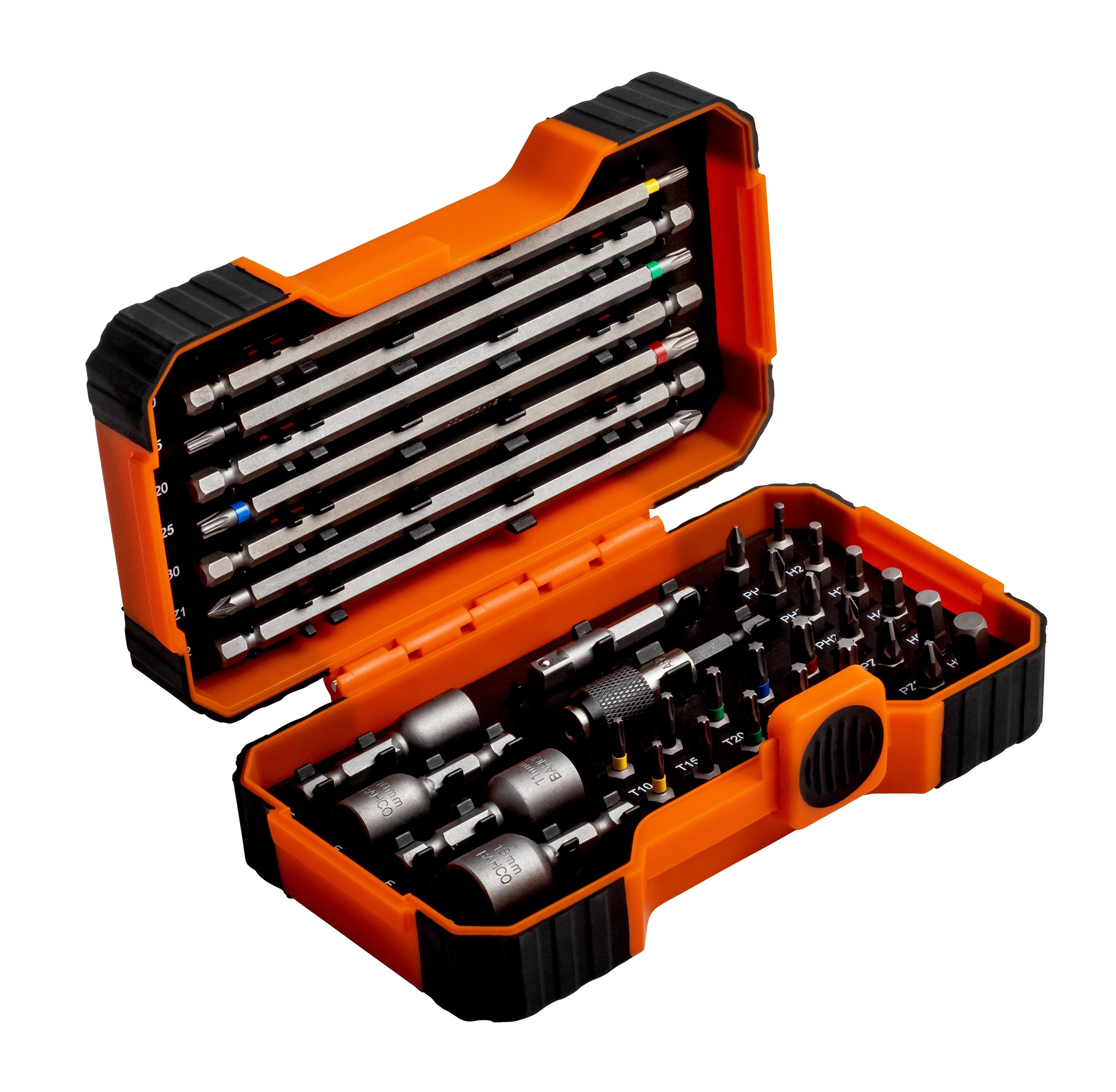 Bahco Antgalių rinkinys su 2 laikikliais 1/4" 35 vnt PH,PH2G,PZ,SL,Hex,TORX 25mm 22 vnt, 150mm 7 vnt