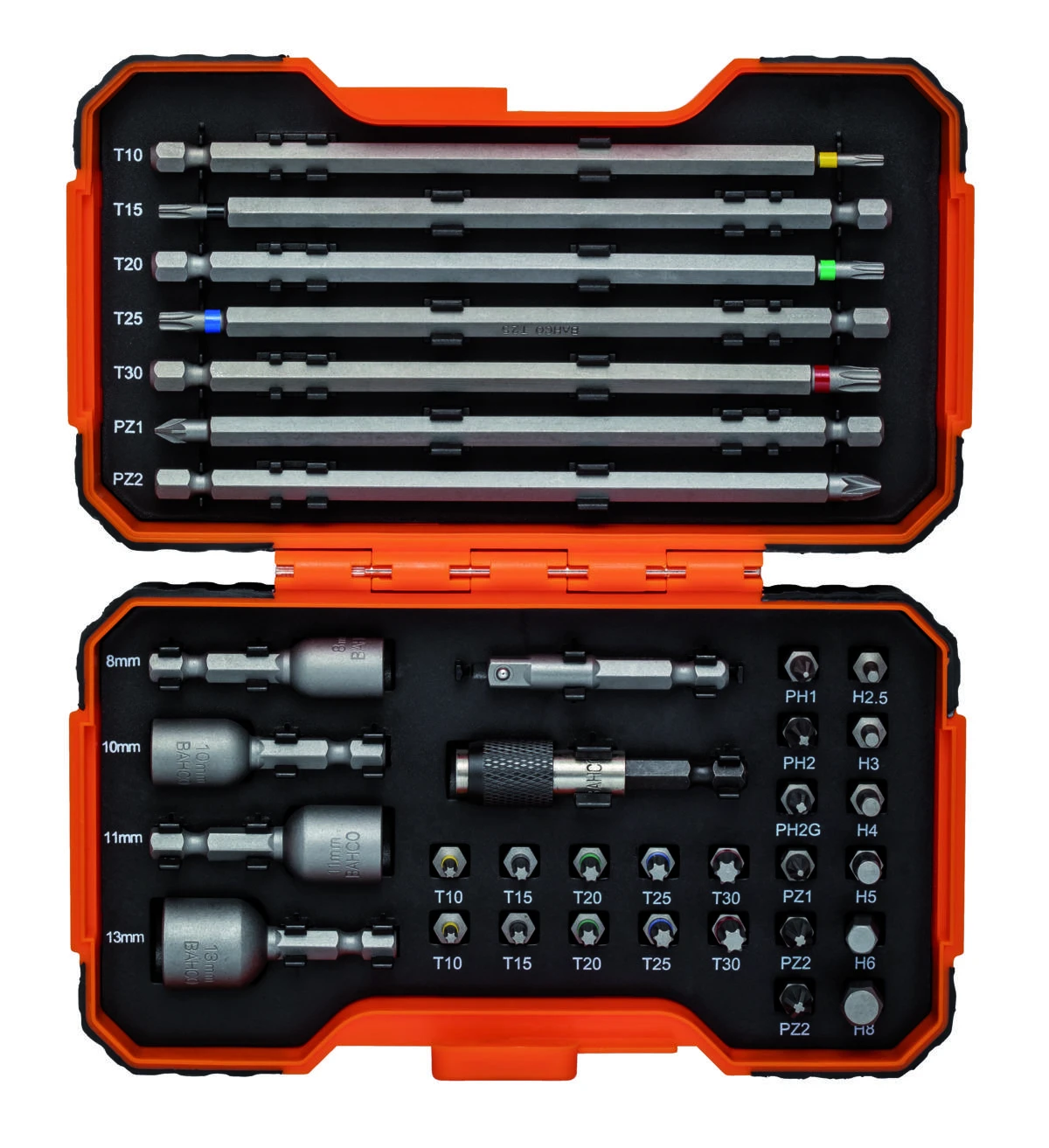 Bahco Antgalių rinkinys su 2 laikikliais 1/4" 35 vnt PH,PH2G,PZ,SL,Hex,TORX 25mm 22 vnt, 150mm 7 vnt