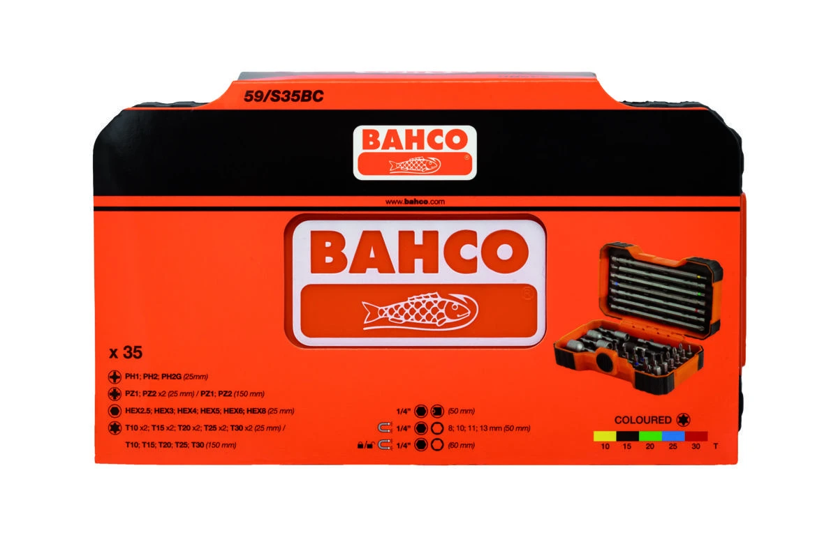 Bahco Antgalių rinkinys su 2 laikikliais 1/4" 35 vnt PH,PH2G,PZ,SL,Hex,TORX 25mm 22 vnt, 150mm 7 vnt
