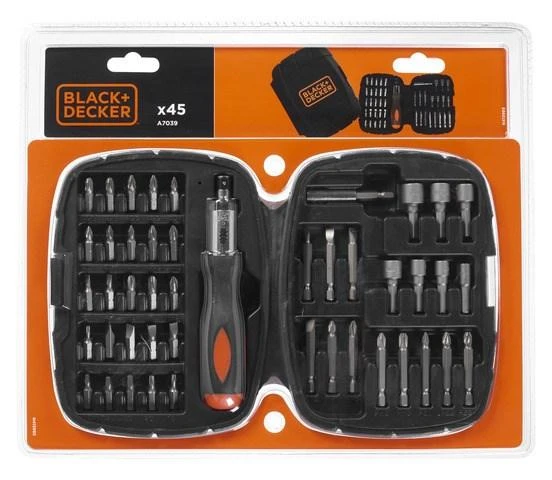 Black & Decker „Juodas & Decker“ 45 antgalių ir galvučių rinkinys 1/4' terkšlei Juodas+DECKER [A7039-XJ]