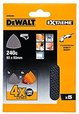 rinkinyje 5 vnt. DELTA trikampiai šlifavimo tinkleliai medienai, metalui, PVC, granuliuoti 240, 93x93x93mm, DeWalt [DTM3095-QZ]