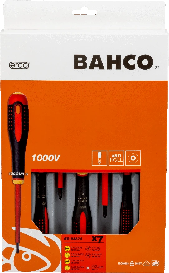 Bahco Izoliuotų atsuktuvų rinkinys ERGO™ 7 vnt - SL3,0 testeris; SL2,5/3,5/4,0/5,5; PH1/2 - 1000V VDE