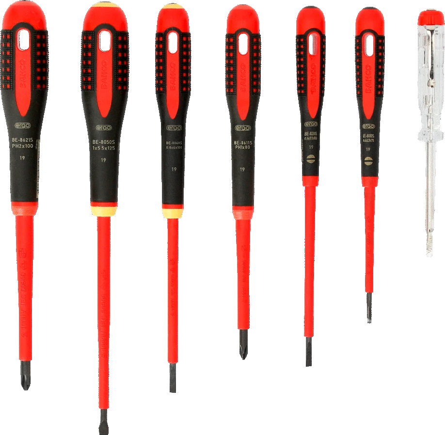 Bahco Izoliuotų atsuktuvų rinkinys ERGO™ 7 vnt - SL3,0 testeris; SL2,5/3,5/4,0/5,5; PH1/2 - 1000V VDE