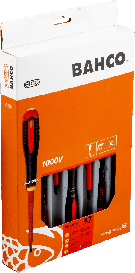 Bahco Izoliuotų atsuktuvų rinkinys ERGO™ 7 vnt - SL3,0 testeris; SL2,5/3,5/4,0/5,5; PH1/2 - 1000V VDE