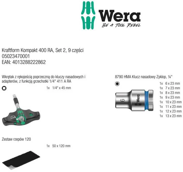 Terkšlinis T formos atsuktuvas su galvutėmis, 9vnt 6-13mm Wera Kraftform Kompakt 400 RA