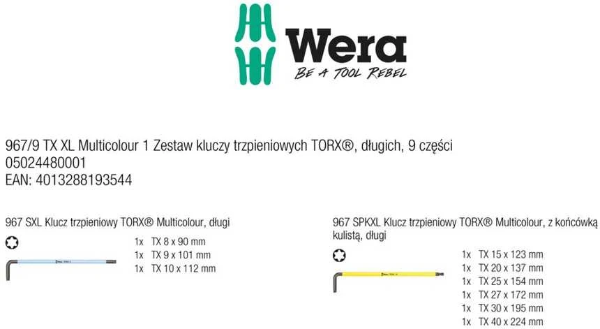 Wera L-formos raktų rinkinys, daugiaspalvis XL TORX varžtams, ilgoji versija 967/9 TX XL
