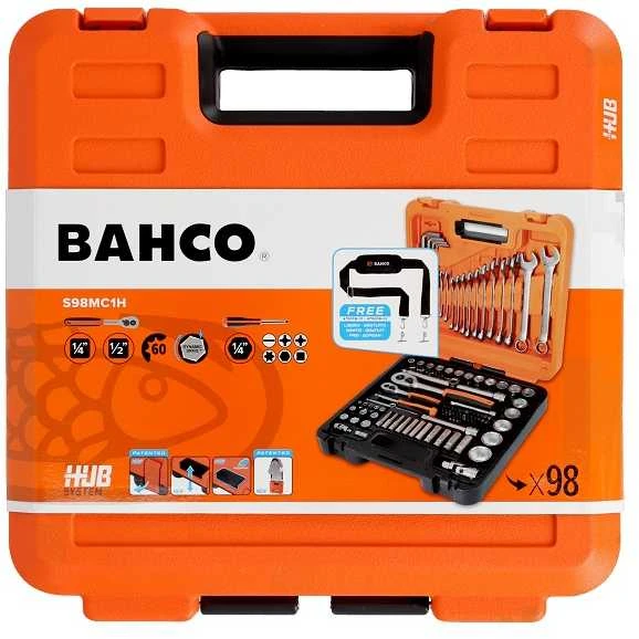 Bahco Galvučių 4-32mm, priedų ir raktų 8-17mm komplektas 1/2"+1/4" 98 vnt, Dynamic-Drive profilis
