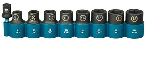 Makita Sukimo antgalių komplektas 9 vnt. 1/2''x 38mm (8, 10, 11, 12, 13, 14, 15, 16, 17, 18mm) +Adapteris 1/2"x50mm E-16645