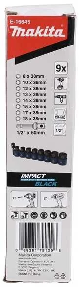 Makita Sukimo antgalių komplektas 9 vnt. 1/2''x 38mm (8, 10, 11, 12, 13, 14, 15, 16, 17, 18mm) +Adapteris 1/2"x50mm E-16645