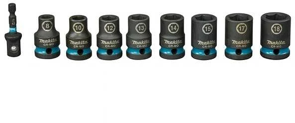Makita Sukimo antgalių komplektas 9 vnt. 1/2''x 38mm (8, 10, 11, 12, 13, 14, 15, 16, 17, 18mm) +Adapteris 1/2"x50mm E-16645