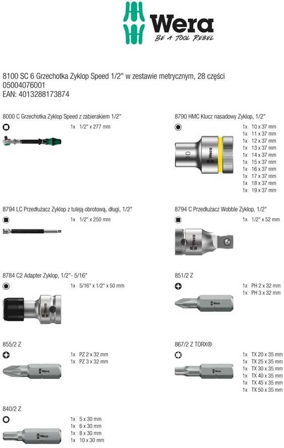 Įrankių komplektas Wera Zyklop Speed 8100 SC; 1/2''; 28 vnt.