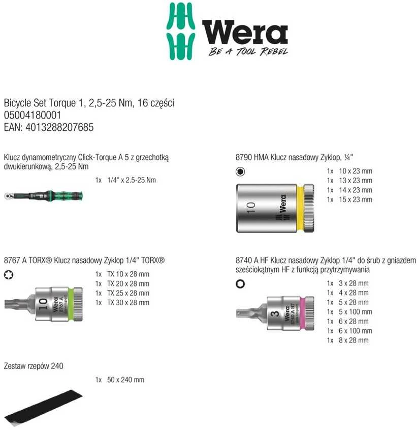 Wera dviračių sukimo momento rinkinys 16vnt, 1/4" 2,5-25Nm, lizdai 10-15mm, lizdai TX10-T30, HEX 3-8mm