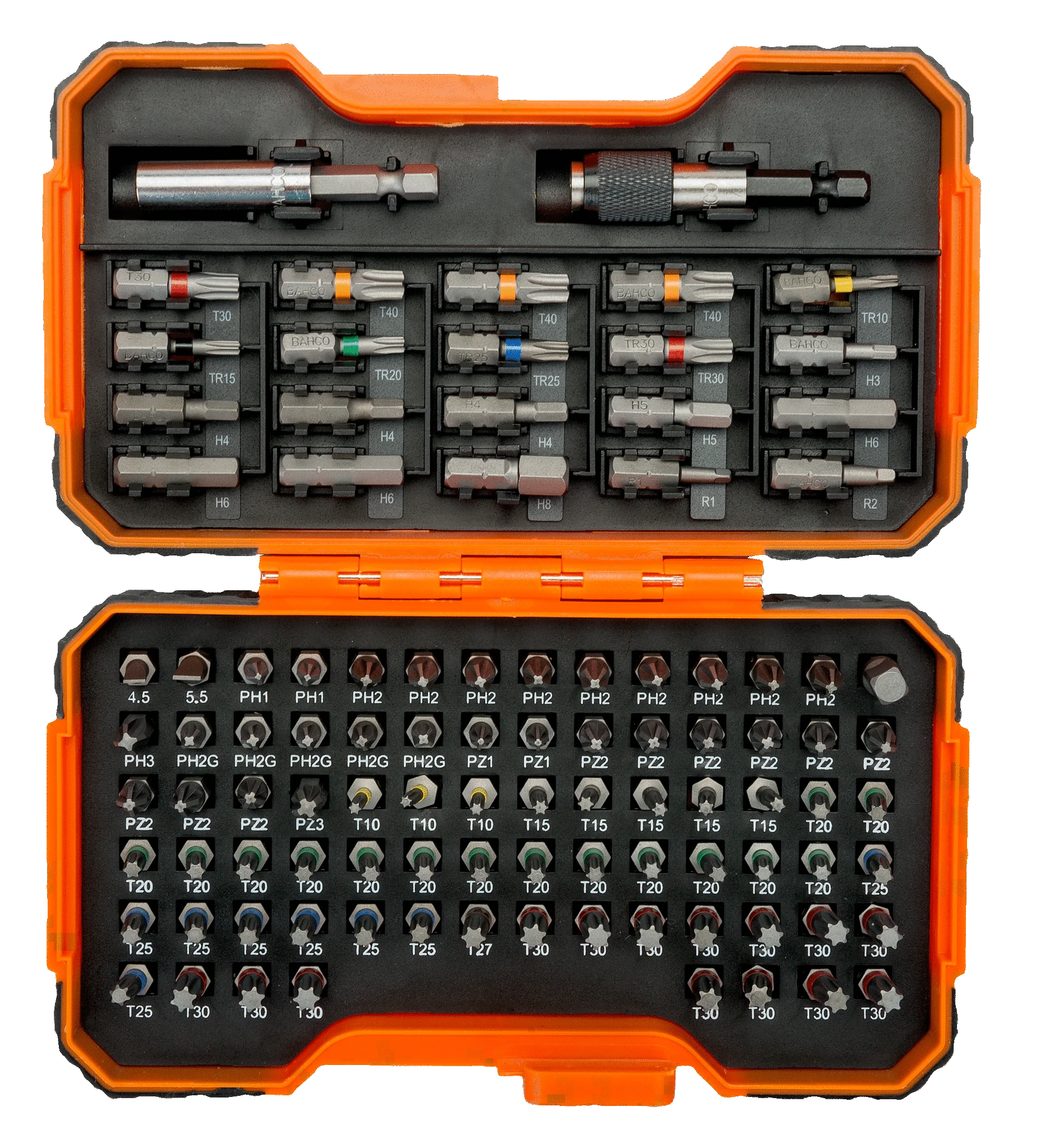 Bahco Antgalių rinkinys 1/4"x25mm 100vnt su 2 aut.magn.laikikliu PH,PH2G,PZ,SL,Hex,TORX,TORX TR,R