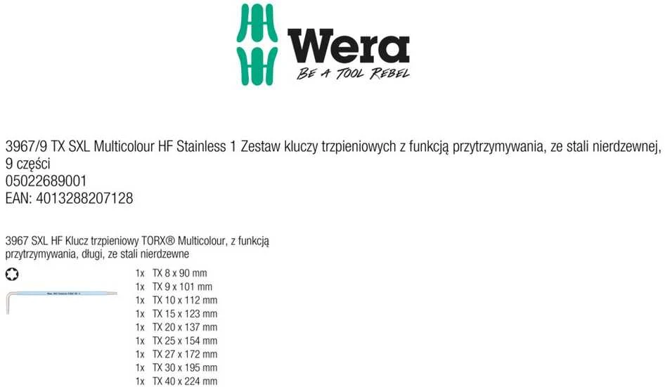 Šešiakampių L-Formos raktų rinkinys Wera STAINLESS TX SXL Multicolour, su prilaikymo funkcija, TX8-40, 9 vnt