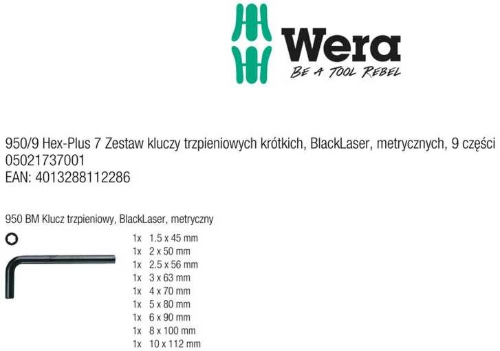 L-raktų šešiakampių rinkinys BlackLaser 950/9 Hex-Plus 7, 021737 Wera