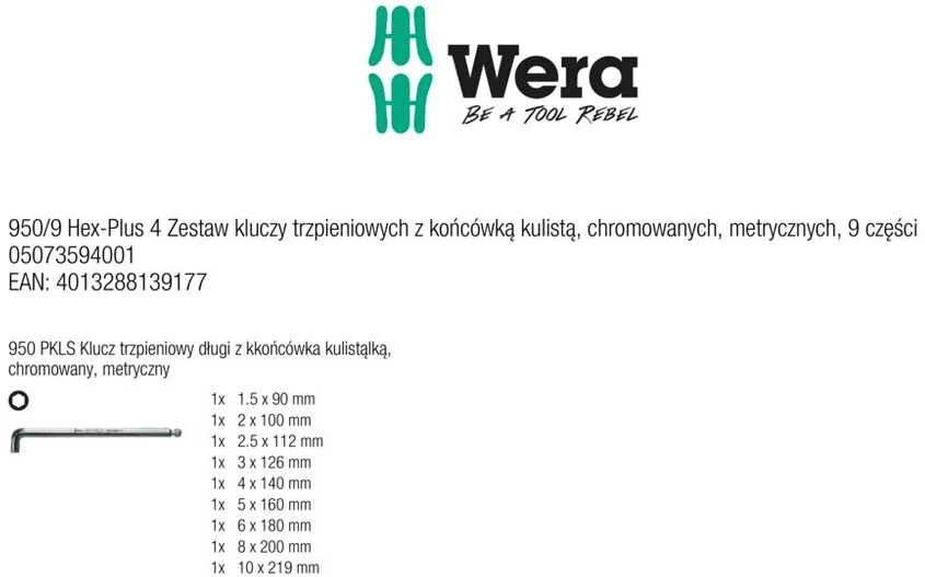 Šešiakampių raktų rinkinys WERA 950PKLS/9 SM SB
