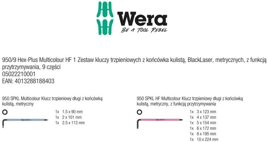 Šešiakampių L-formos raktų komplektas WERA Hex-Plus, 1,5-10 mm, HEX tipo, suapvalintu galu, spalvoti, su prilaikymu, 9 vnt.