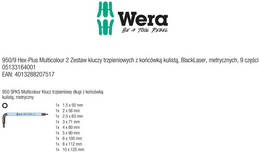 Šešiakampių raktų rinkinys WERA 950/9 Hex-Plus Multicolor