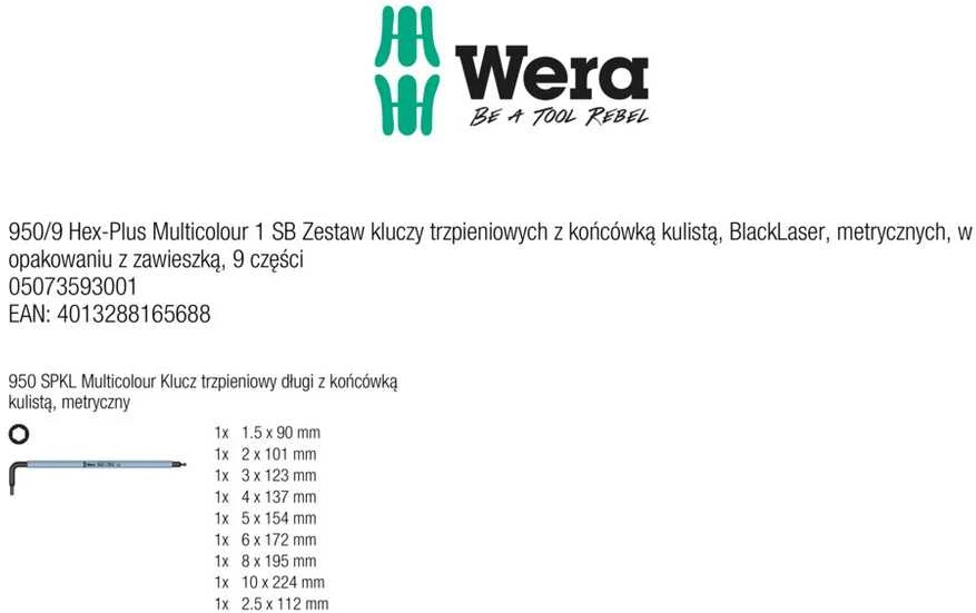 Šešiakampių raktų rinkinys WERA 950 SPKL/9