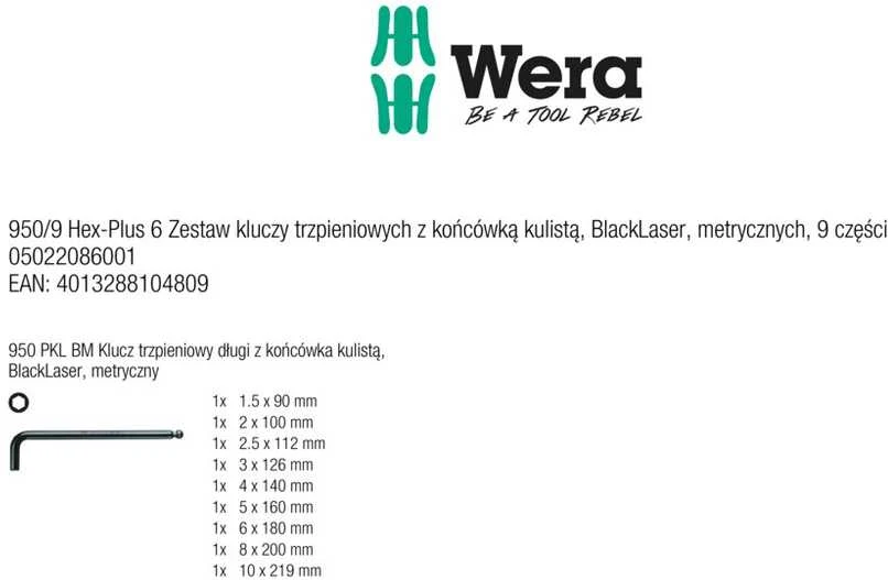Šešiakampių raktų rinkinys 950 PKL/9 BM N WERA