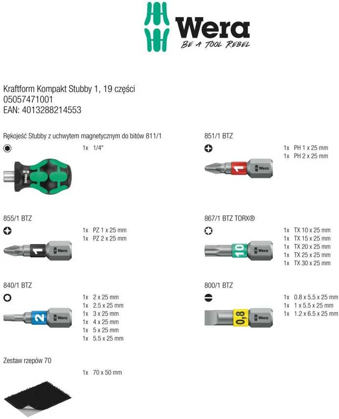 Antgalių rinkinys Wera Kraftform Kompakt mini ir laikiklis, SL+PH+PZ+TORX+HEX, 19vnt