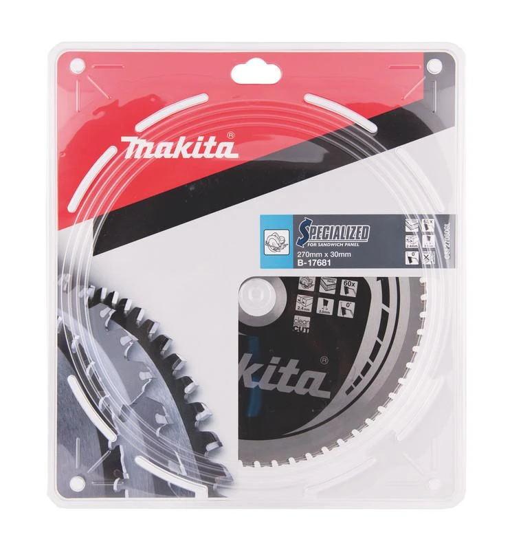 Makita T.C.T. pjūklas SPECIALIZED 270X2.4X30mm 0° T60 B-17681 T.C.T • 270 x30 mm • T60 • 0° • Daugiasluoknėms plokštėms