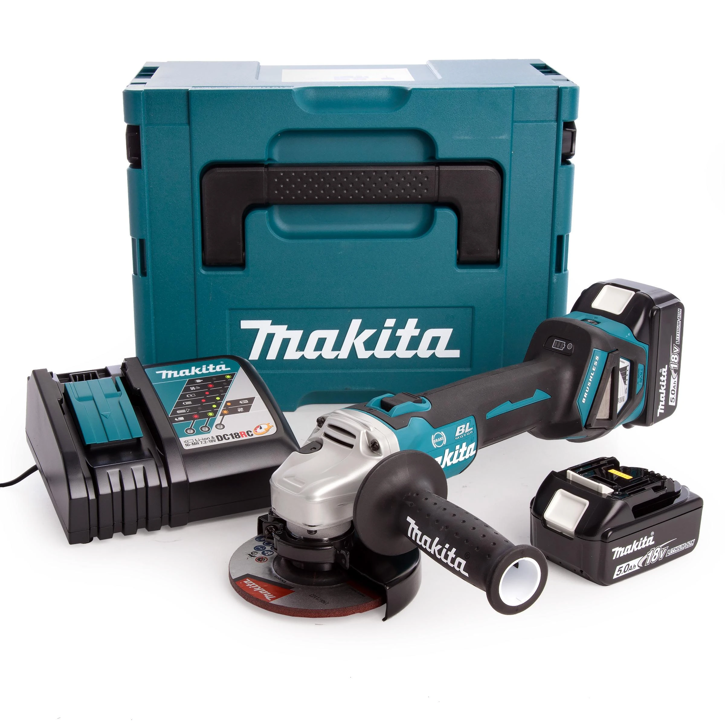 MAKITA KAMPINIS ŠLIFULĖLIS 18V‐125mm 2 x 5.0Ah LI-ION REG. BLDC lagaminas MAKPAC DGA513RTJ