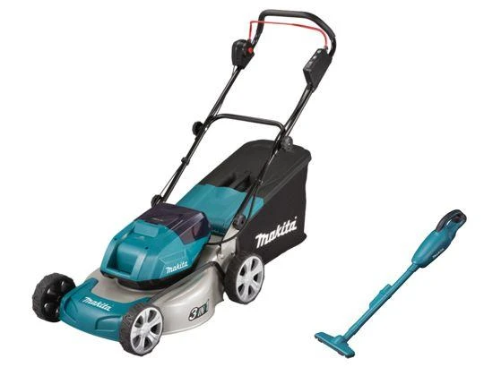 Makita akumuliatorinė vejapjovė DLM460Z 2x18 V, 46 cm, 3 viename (pjovimas / surinkimas / mulčiavimas), plieno korpusas, be akumuliatoriaus ir kroviklio