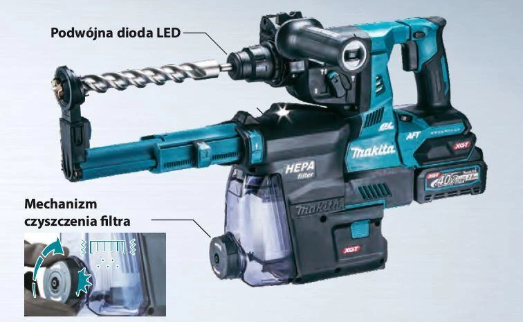 Makita HR004GM202 Perforatorius XGT, 2,9 J, 28mm; 4,1kg, bešepetėlinis variklis, greitojo keitimo griebtuvas, 2X4,0Ah, greitasis kroviklis; AVT; XPT; Dulkių surinkimo sistemos priedas DX14; MAKPAC lagaminas