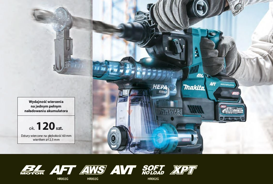 Makita HR004GM202 Perforatorius XGT, 2,9 J, 28mm; 4,1kg, bešepetėlinis variklis, greitojo keitimo griebtuvas, 2X4,0Ah, greitasis kroviklis; AVT; XPT; Dulkių surinkimo sistemos priedas DX14; MAKPAC lagaminas