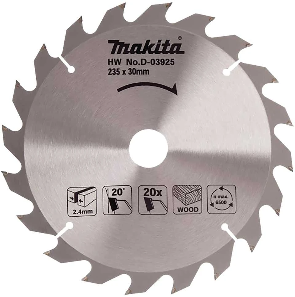 Makita T.C.T. pjūklas 235X2.4X30mm 20° T20 D-03925 T.C.T • 235 x30 mm • T20 • 20° • Medienai