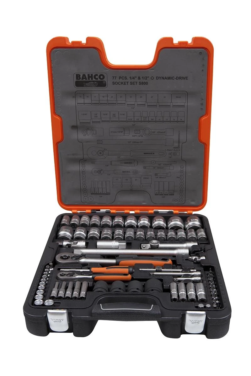 Bahco Galvučių, terkšlės ir priedų rinkinys 1/2" + 1/4" 77vnt