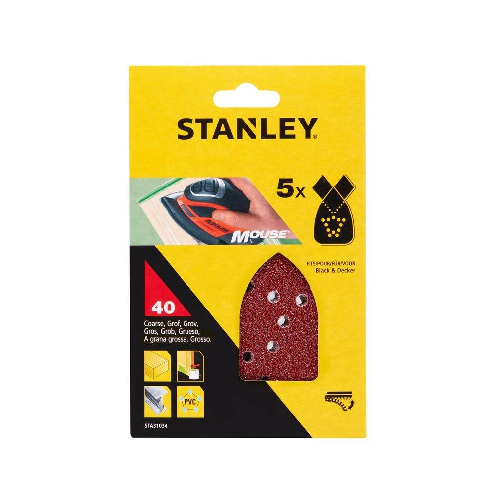 universalus šlifavimo popierius P40, pakuotėje 5 vnt Stanley [STA31034-XJ], skirtas pelės šlifuokliui
