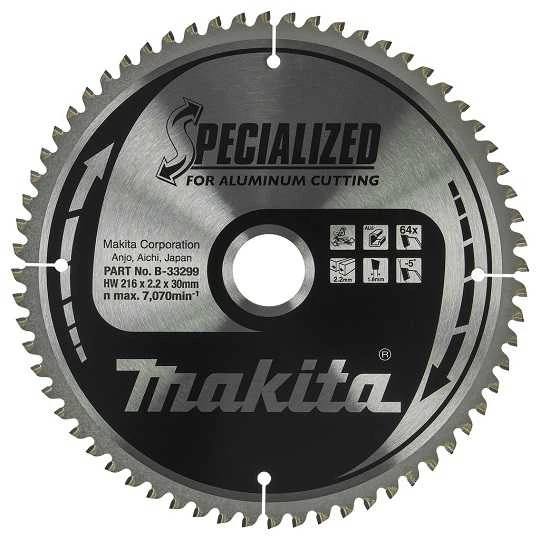 Makita T.C.T. pjūklas SPECIALIZED 216X2.2X30mm -5° T64 B-33299 T.C.T • 216 x30 mm • T64 • -5° • Aliuminiui