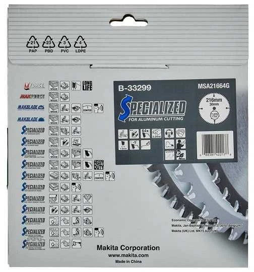 Makita T.C.T. pjūklas SPECIALIZED 216X2.2X30mm -5° T64 B-33299 T.C.T • 216 x30 mm • T64 • -5° • Aliuminiui