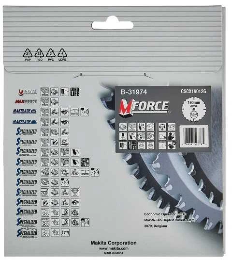 Makita T.C.T. pjūklas M-FORCE 190X2X30mm 15° T12 B-31974 T.C.T • 190 x30 mm • T12 • 15° • Medienai