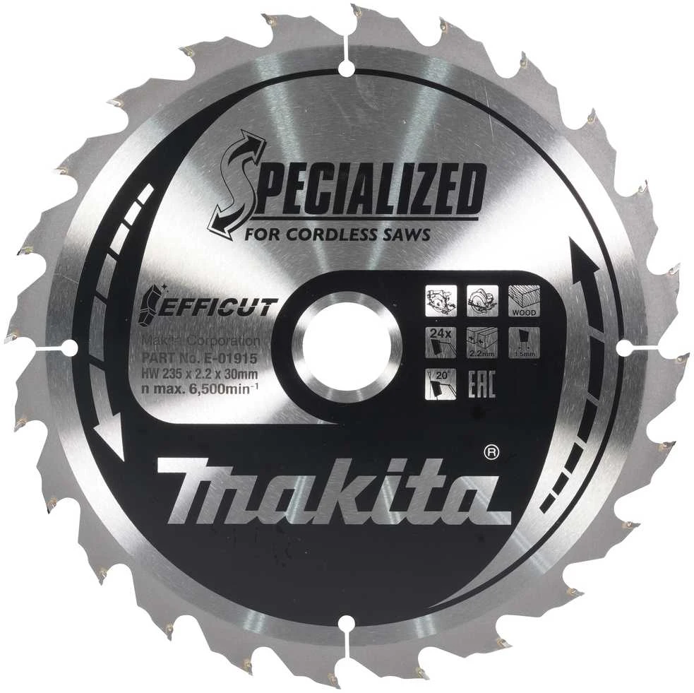 Makita T.C.T. pjūklas EFFICUT 235X2.2X30mm 20° T24 E-01909 T.C.T • 235 x30 mm • T24 • 20° • Medienai