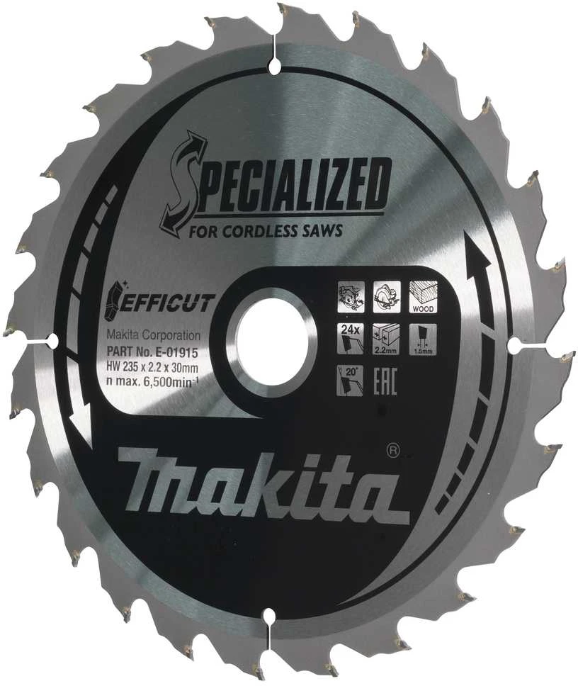 Makita T.C.T. pjūklas EFFICUT 235X2.2X30mm 20° T24 E-01909 T.C.T • 235 x30 mm • T24 • 20° • Medienai