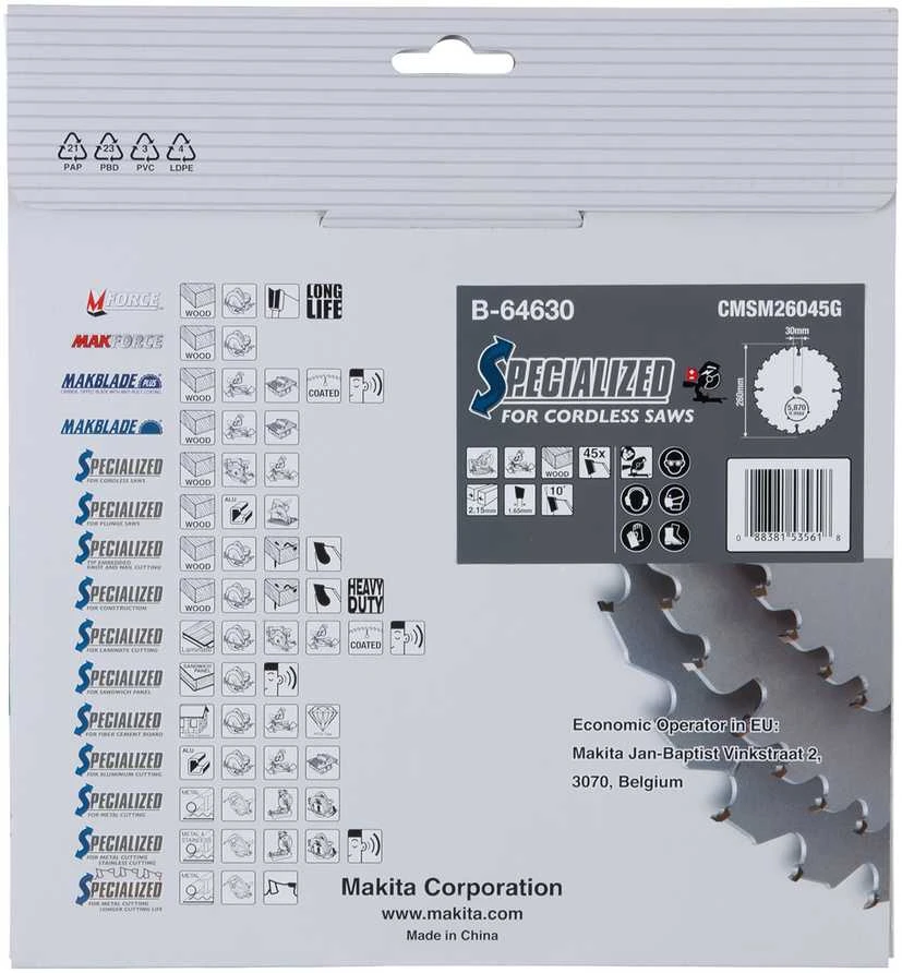 Makita T.C.T. pjūklas EFFICUT 260X2.15X30mm 10° T45 B-64624 T.C.T • 260 x30 mm • T45 • 10° • Medienai