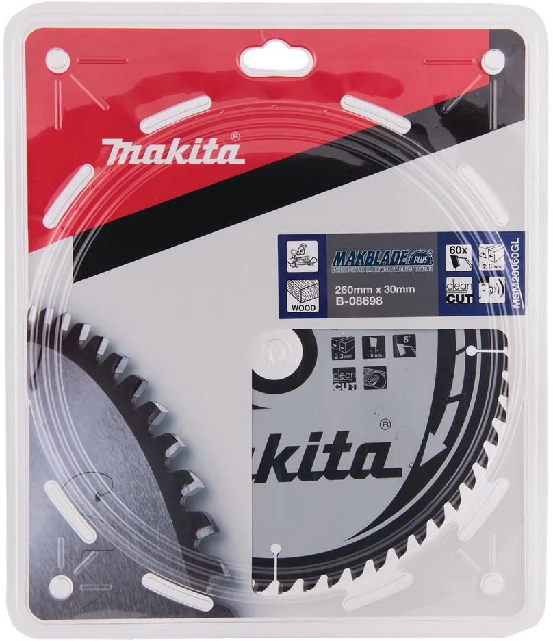 Makita T.C.T. pjūklas MAKBLADE PLUS 260X2.3X30mm 5° T60 B-08698 T.C.T • 260 x30 mm • T60 • 5° • Medienai